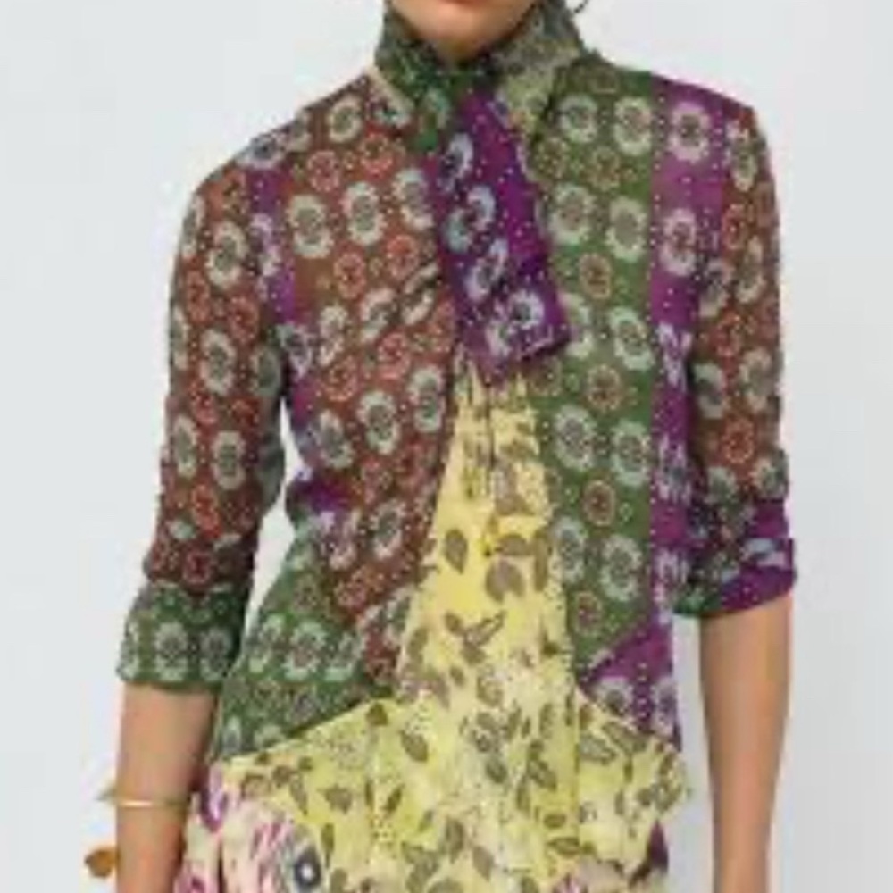 Zara Multicolor Boho Patchwork Blouse NWT size XL  with bow & beaded detail - Picture 12 of 16